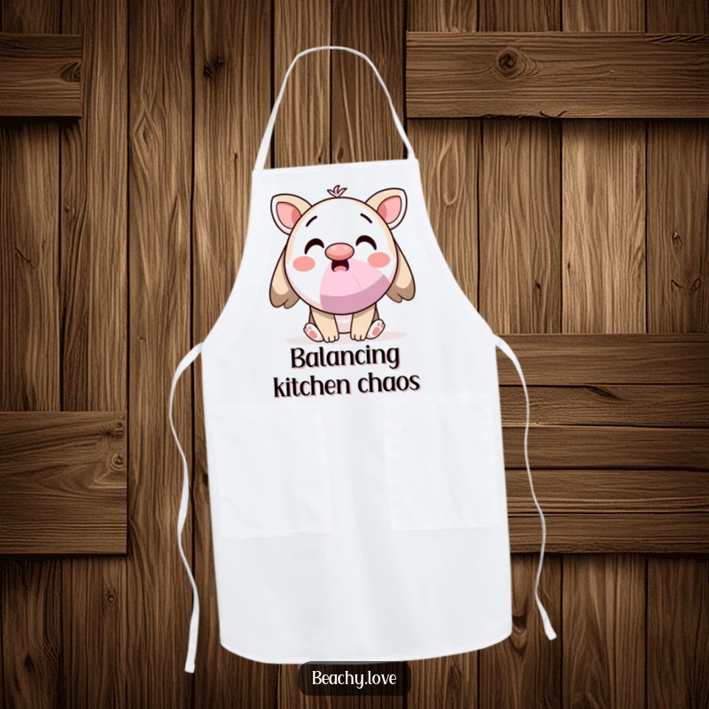 Funny apron with a surprised kawaii character balancing a beach ball on its nose, adding humor to cooking.