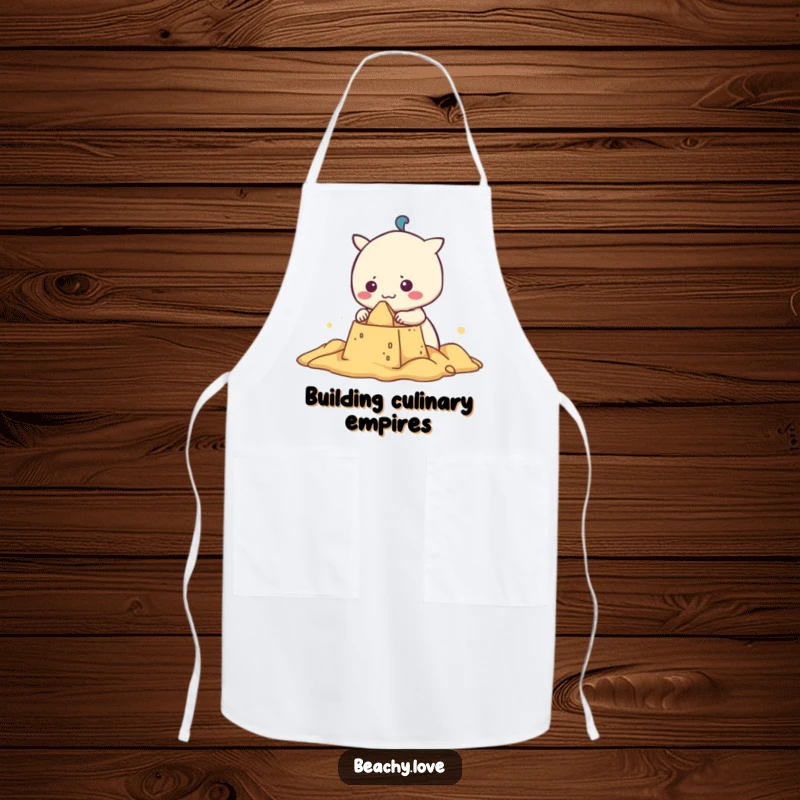 Funny kawaii character with a determined grin building a sandcastle, printed on a practical apron for kitchen fun and humor.