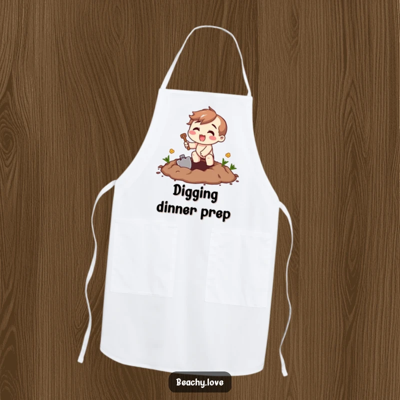 Funny digging excitement apron showing a beaming character digging with a small shovel, perfect for garden or kitchen tasks.