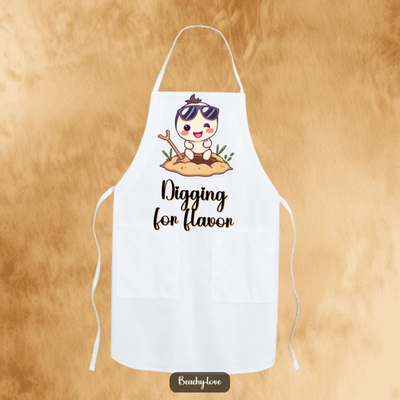 Funny apron depicting a smiling character in sunglasses, enthusiastically digging a hole, practical kitchen wear with a humorous twist.
