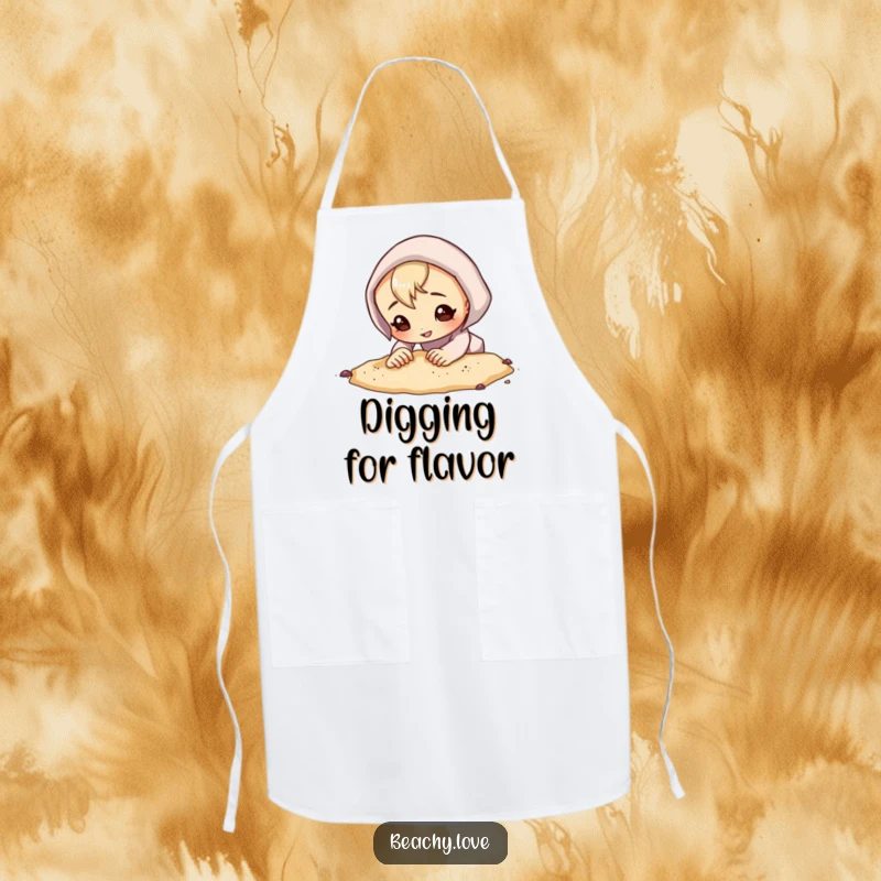 Funny apron with a curious character digging in the sand with a determined grin, ideal for kitchen protection and adding a playful touch.