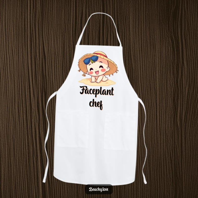 Funny apron depicting a happy character in a sun hat comically tripping on the beach sand, practical kitchen wear with a humorous twist.