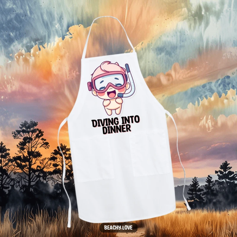 Funny apron with a giggling character wearing oversized goggles and a snorkel, ready for kitchen adventures.