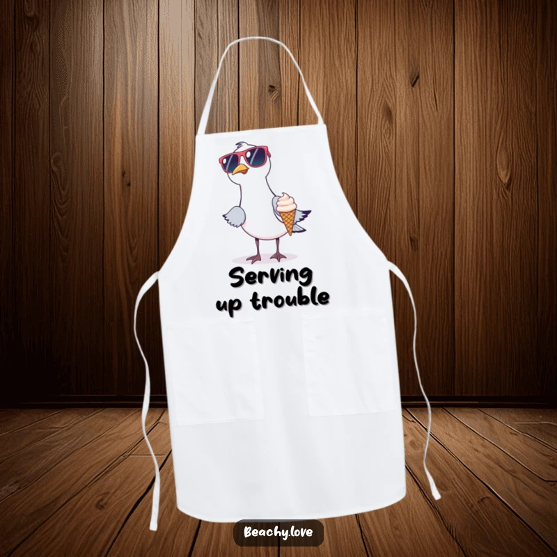 Funny apron featuring a seagull in oversized sunglasses attempting to steal a tiny ice cream cone. Humorous kitchen accessory for beach-themed cooking. Great design.