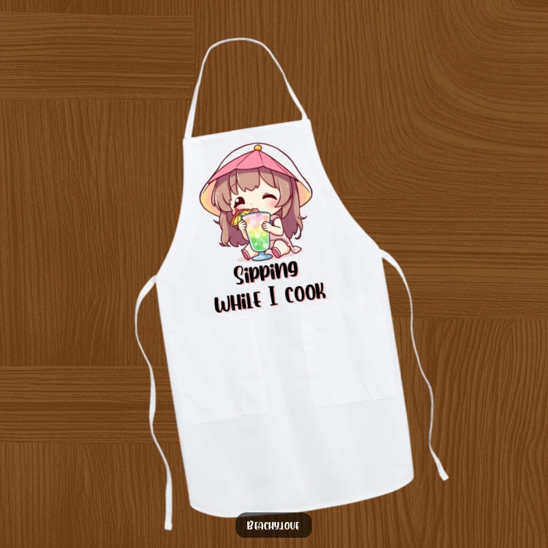 Funny apron showing a character sipping a tiny drink with a colorful umbrella, adding humor to kitchen tasks.