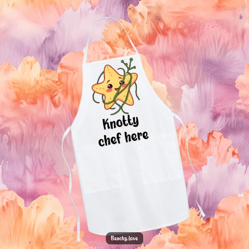 Funny apron with a smiling starfish comically tangled in seaweed, ideal for adding humor to cooking and baking.