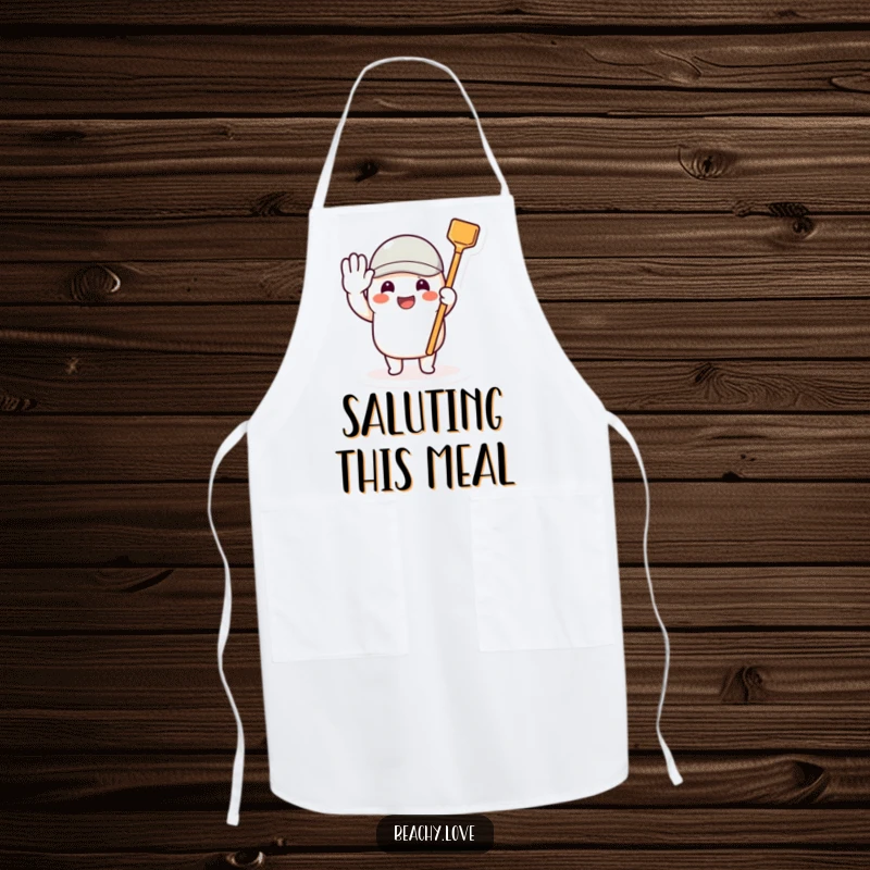 Funny apron featuring a beaming character saluting with a tiny toy shovel, ready for kitchen duty.