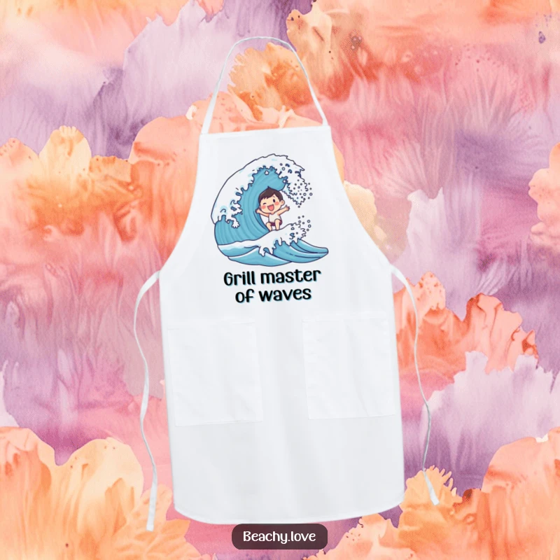 Funny apron depicting a small, smiling character joyfully surfing a breaking wave, perfect for the happy cook.