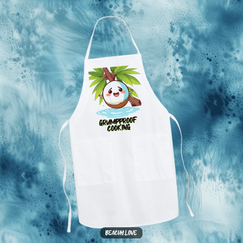 Funny apron with a cheerful beach ball comically bouncing off a grumpy coconut, ideal for humorous cooking and baking.