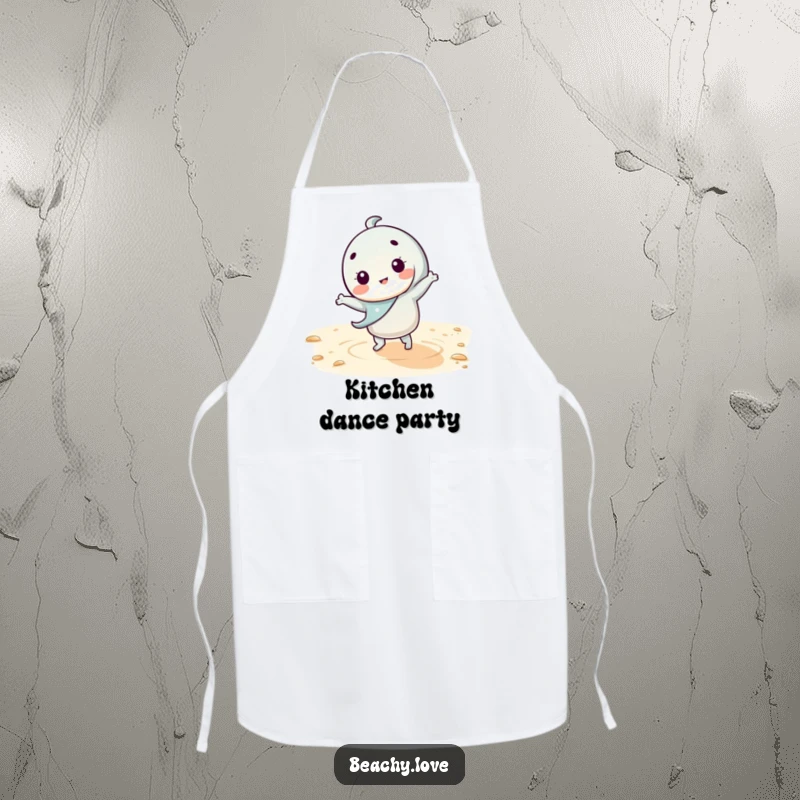 Funny kawaii character doing a silly dance on warm sand, printed on a practical apron for kitchen use and humorous appeal.