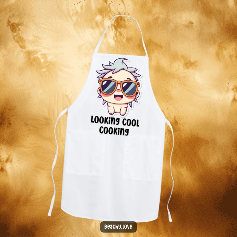 Funny apron with a smiling kawaii character wearing oversized sunglasses, ideal for stylish cooks.