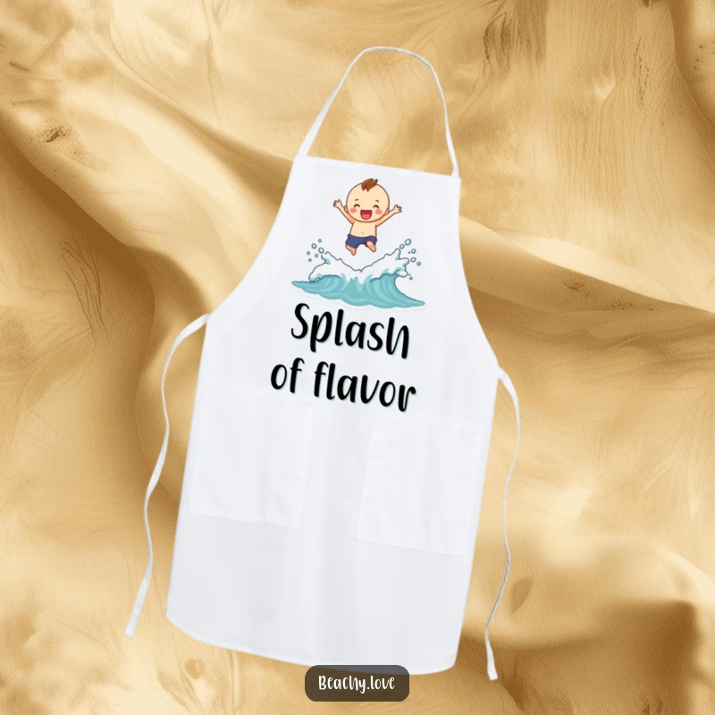 Funny apron showing a cheerful figure joyfully jumping over waves, creating a humorous splash, ideal for kitchen adventures.