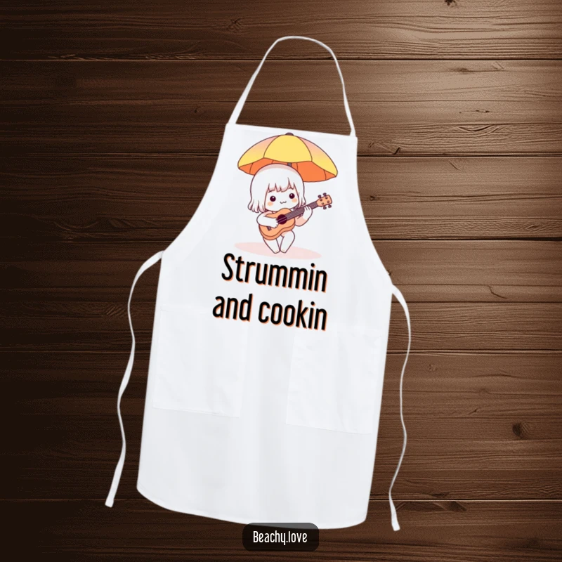 Funny apron with a charming character strumming a ukulele under a beach umbrella, perfect for kitchen fun and protecting clothes with humor.