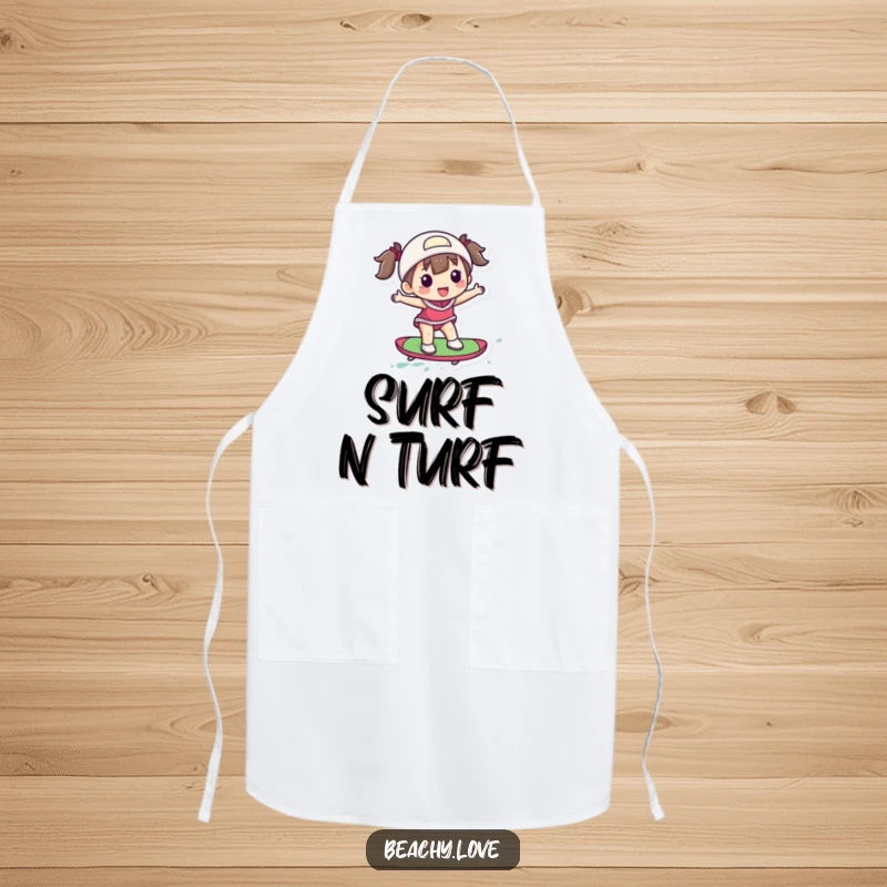 Funny apron depicting a delighted figure surfing a small, colorful board, adding a playful touch to kitchen wear.