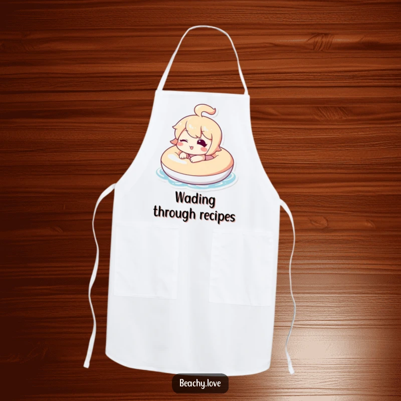 Funny apron with a kawaii character winking from an inflatable, perfect for poolside cooking or BBQs, humorous kitchen wear.