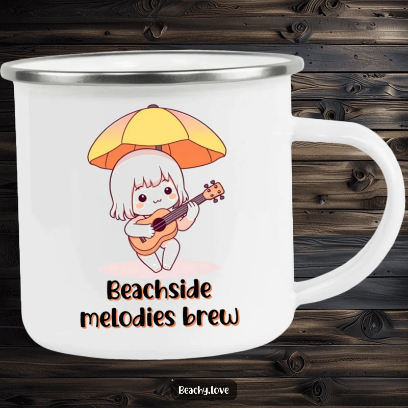 Funny camping mug featuring a charming character playing a ukulele under a beach umbrella, ideal for outdoor adventures and musical enjoyment.