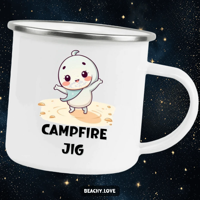 Funny kawaii character doing a silly dance on warm sand, featured on a durable camping mug for outdoor enthusiasts seeking humorous gear.