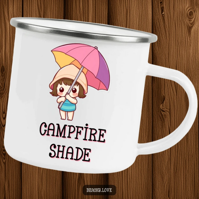 Funny kawaii character holding a colorful beach umbrella, featured on a durable camping mug for outdoor enthusiasts seeking humorous gear.