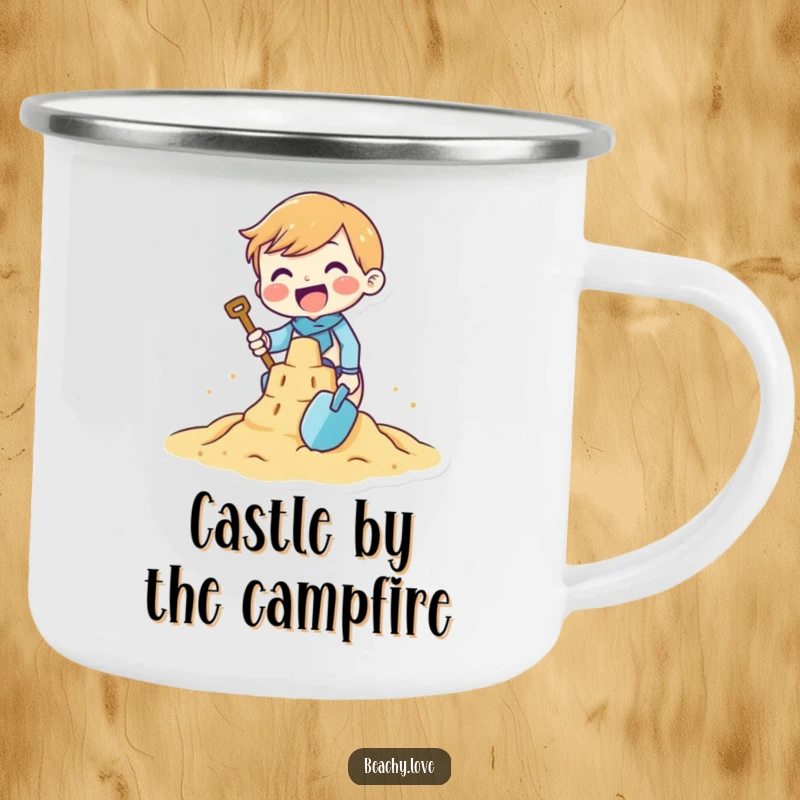 Funny camping mug featuring a tiny character gleefully building a sandcastle with a tiny shovel, perfect for rugged adventures and warm beverages.