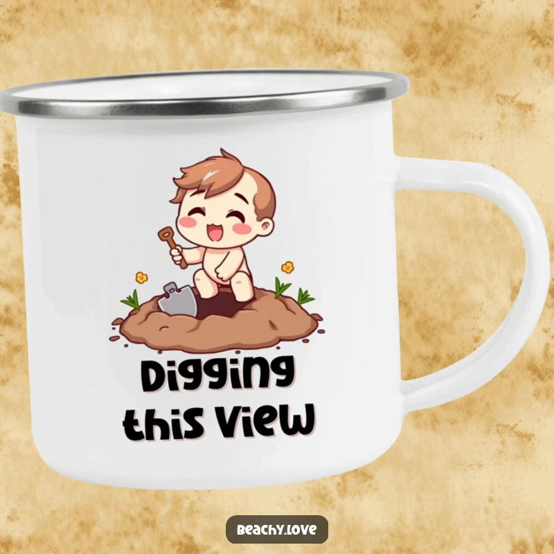 Funny digging excitement enamel camping mug with a beaming character digging with a tiny shovel, made for outdoor fun.