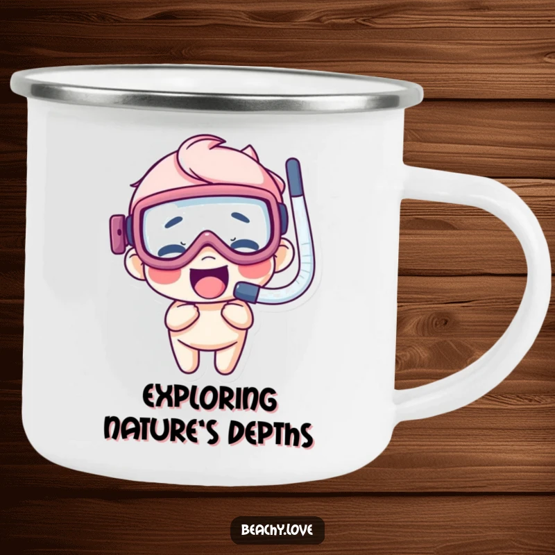 Funny camping mug with a giggling character wearing oversized goggles and a snorkel, ready for outdoor exploration.