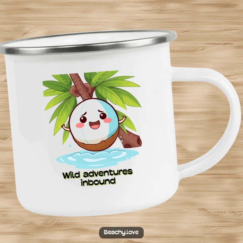 Funny camping mug depicting a cheerful beach ball comically bouncing off a grumpy coconut, built for outdoor amusement.