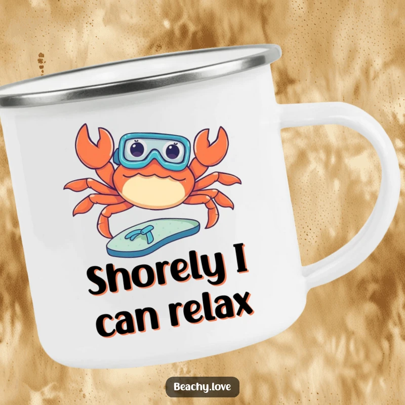 Funny camping mug showing a crab wearing a tiny snorkel, sunbathing on a flip-flop. Durable and humorous for outdoor beach lovers. Rugged and funny.