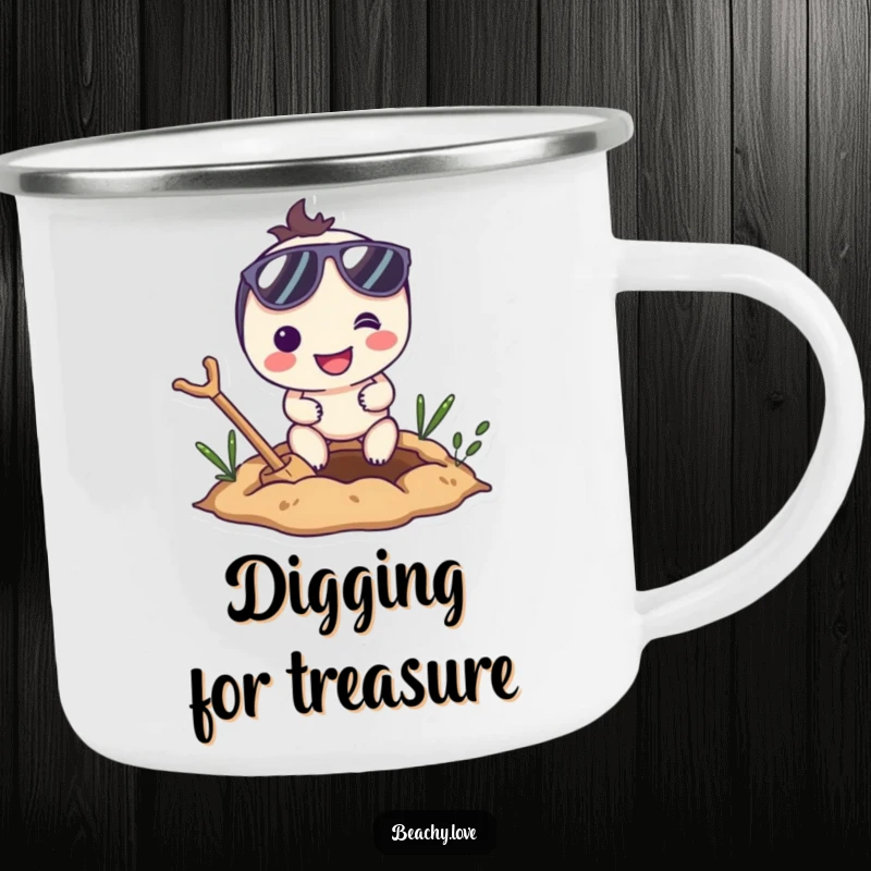 Funny enamel camping mug with a smiling character in sunglasses, enthusiastically digging a hole, durable and humorous for outdoor use.