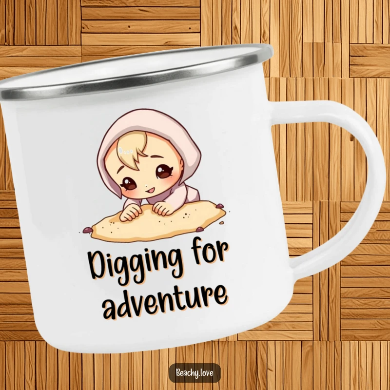 Funny camping mug featuring a curious character digging in the sand with a determined grin, ideal for outdoor adventures and fueling discovery.