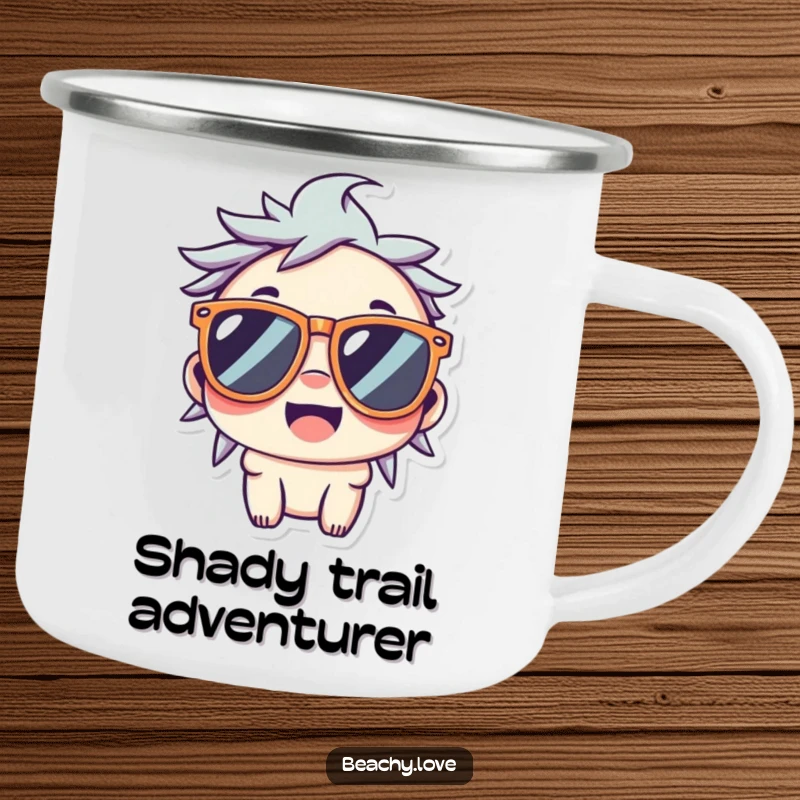 Funny camping mug with a smiling kawaii character wearing oversized sunglasses, perfect for adventurers.