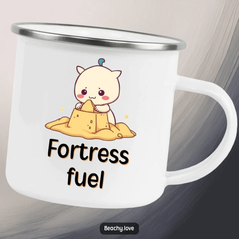 Funny kawaii character building a sandcastle, featured on a durable camping mug for outdoor enthusiasts seeking humorous travel gear.