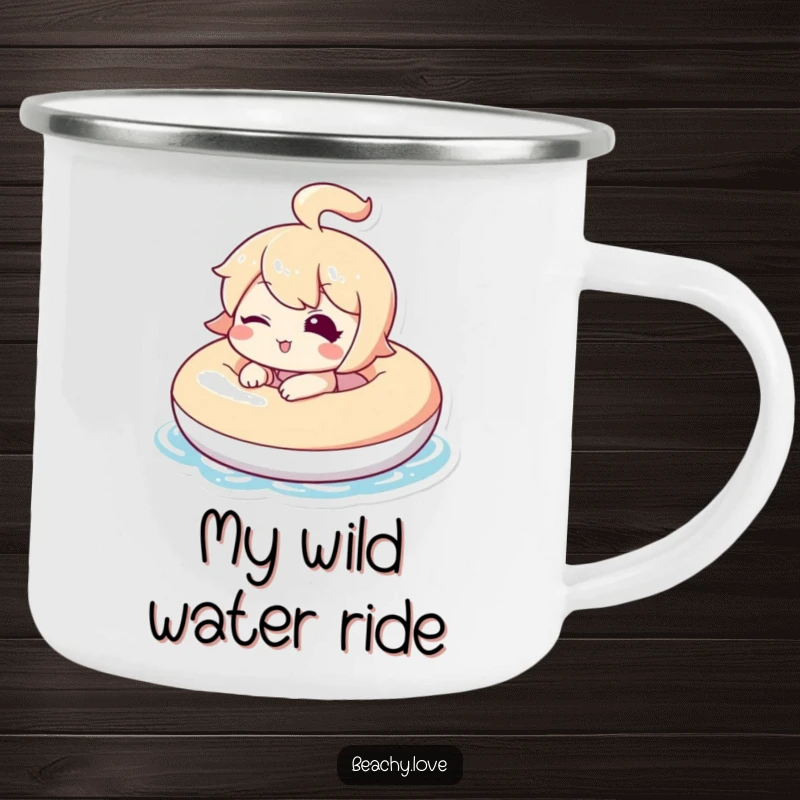 Funny camping mug with a kawaii character winking from an inflatable, durable design for outdoor relaxation and beverages.