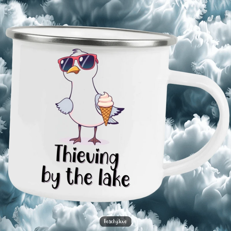 Funny camping mug showing a seagull wearing oversized sunglasses trying to steal a tiny ice cream cone. Durable and humorous for outdoor beach lovers. Rugged and funny.