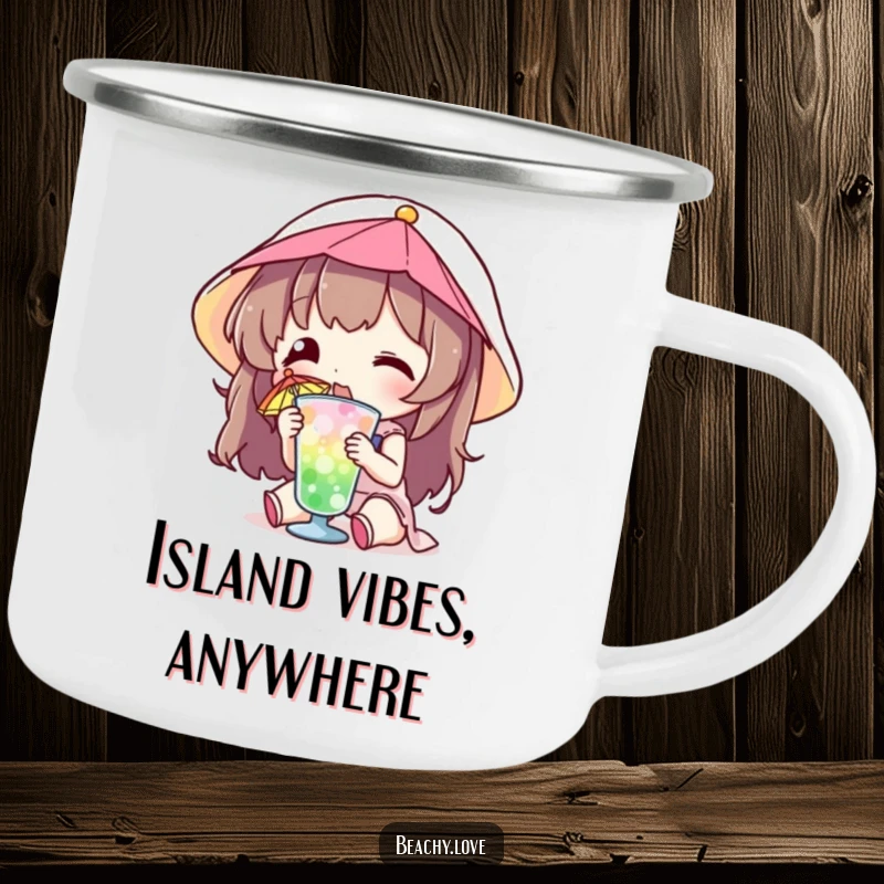 Funny camping mug featuring a character sipping a small drink with a colorful umbrella, perfect for humorous outdoor enjoyment.