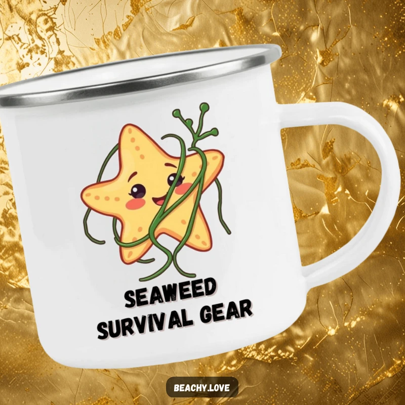 Funny camping mug with a smiling starfish comically tangled in seaweed, built for outdoor laughs and adventures.
