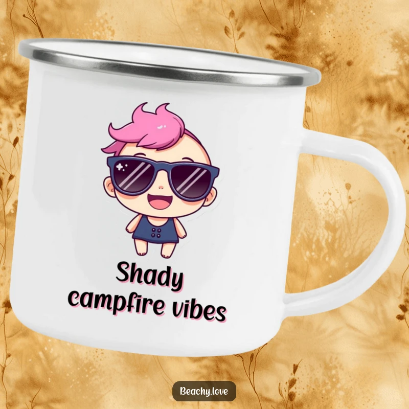 Funny camping mug with a happy character wearing oversized sunglasses and a big smile, designed for outdoor enthusiasts.