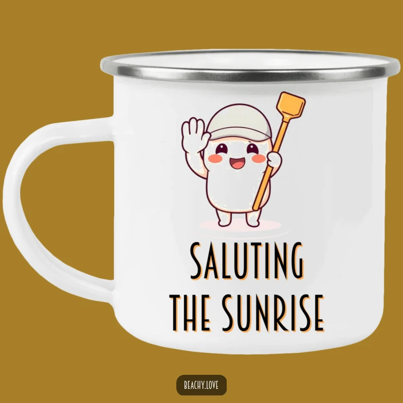 Funny Toy Shovel Camping Mug: Beaming Character Outdoor Salute