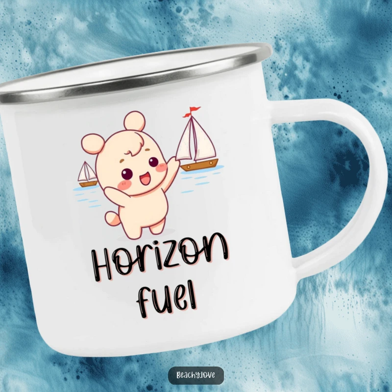 Funny kawaii character excitedly pointing at a sailboat, featured on a durable camping mug for outdoor enthusiasts seeking humorous gear.