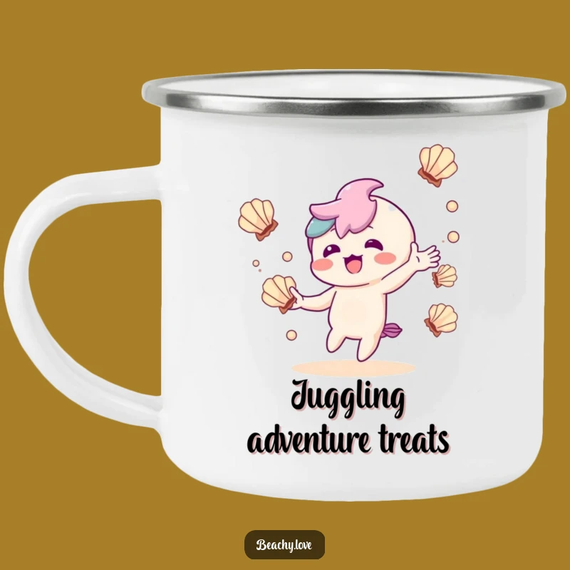 Funny Kawaii Juggler Camping Mug: Delighted Seashell Character for Outdoor Fun Gift