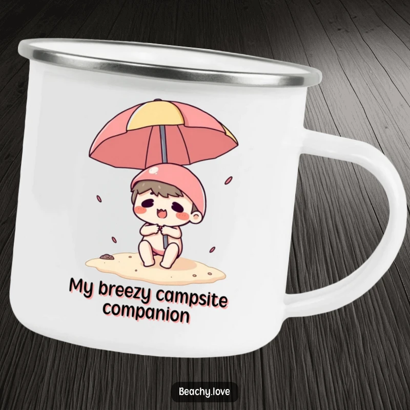 Funny camping mug with a kawaii character comically wrestling a beach umbrella, durable design for outdoor humor and beverages.
