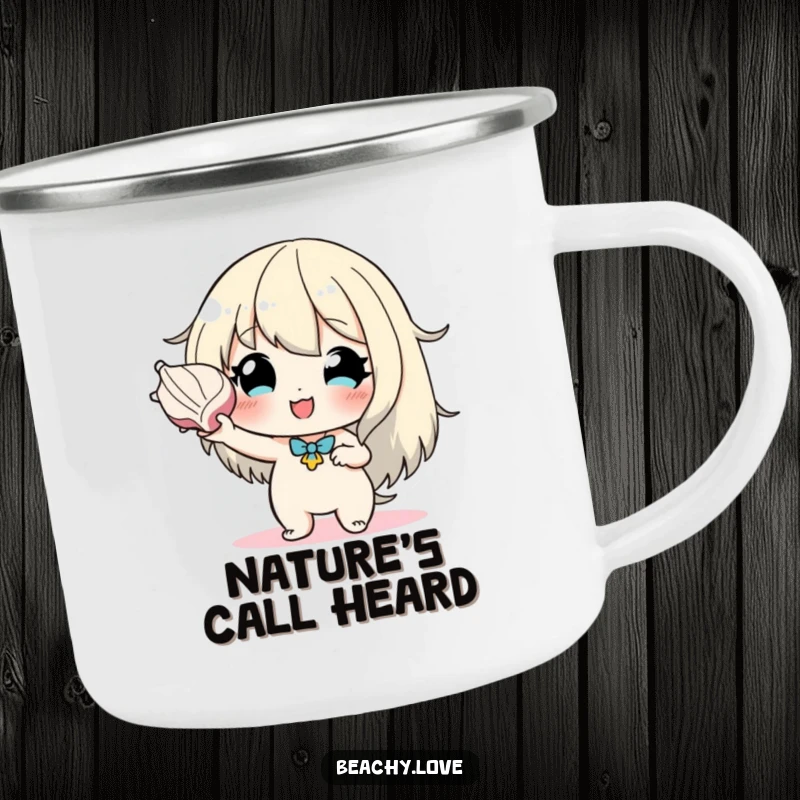 Funny camping mug featuring a hopeful character holding a seashell to their ear, ideal for outdoor relaxation and enjoying nature's sounds.
