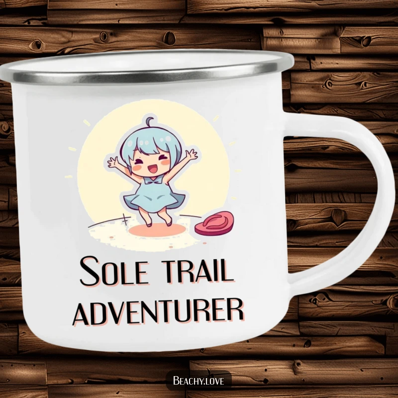 Funny camping mug featuring a cheerful character dancing around a flip-flop. Durable and humorous outdoor cup.