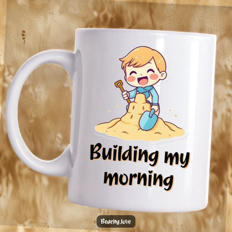 Funny mug featuring a tiny character gleefully constructing a sandcastle with a small shovel, capturing the joy of beach play.
