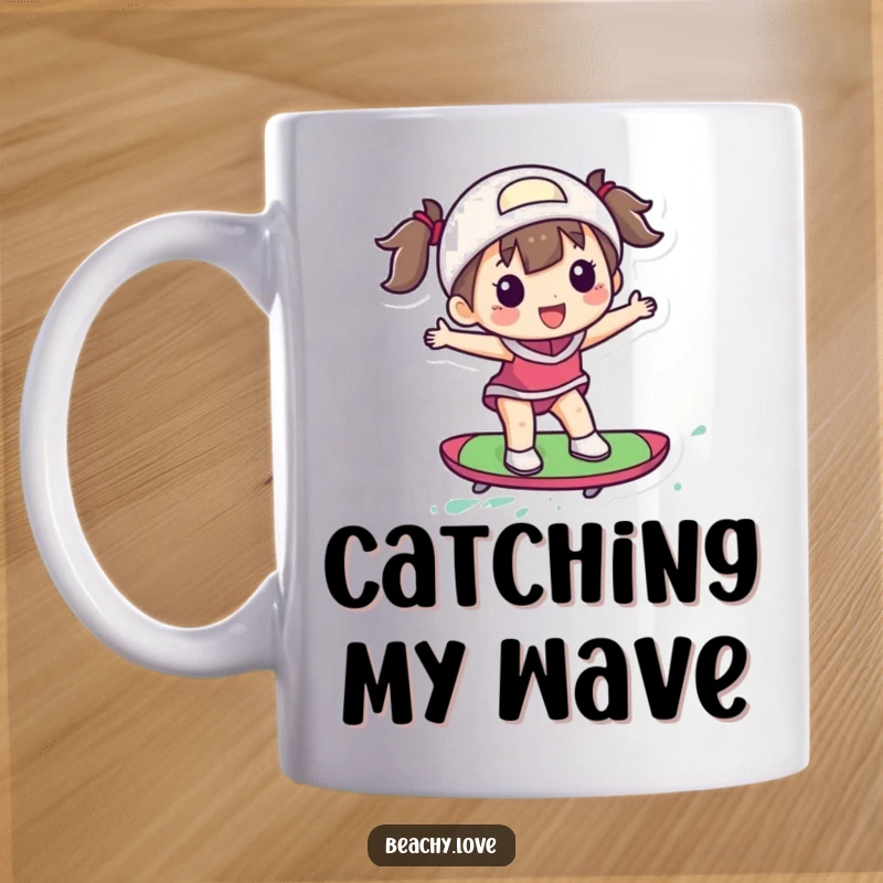 Funny mug depicting a delighted figure expertly surfing on a small, vibrant, colorful board, embodying pure aquatic joy.