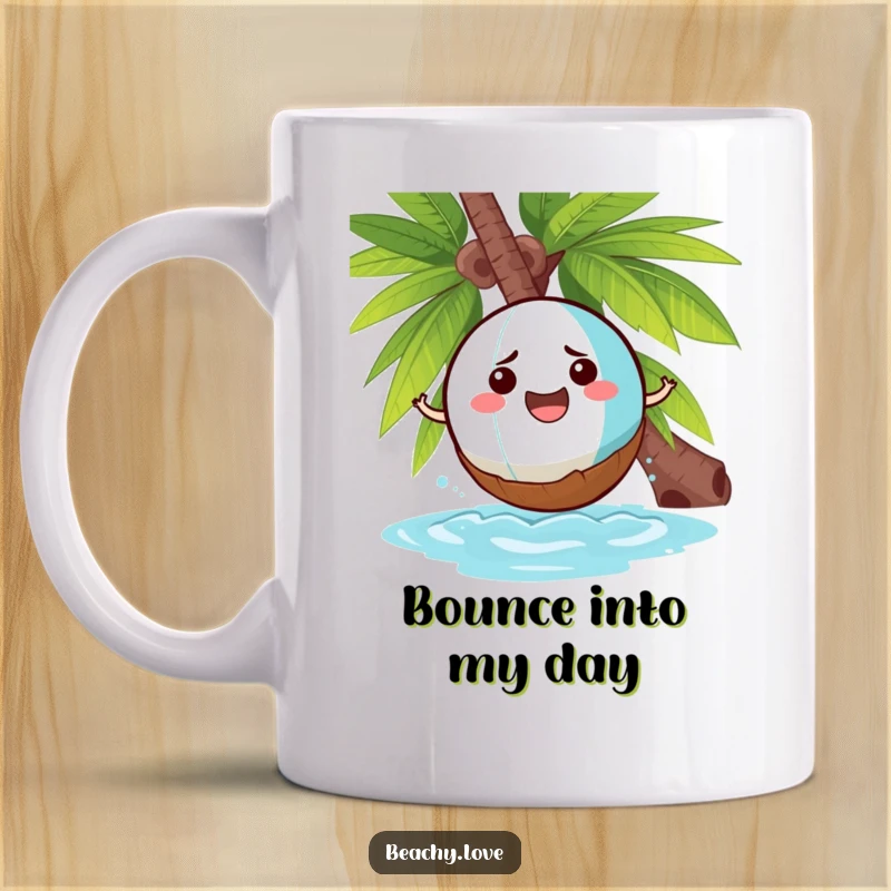 Funny mug showing a cheerful beach ball comically bouncing off a grumpy-looking coconut, creating a humorous tropical scene.