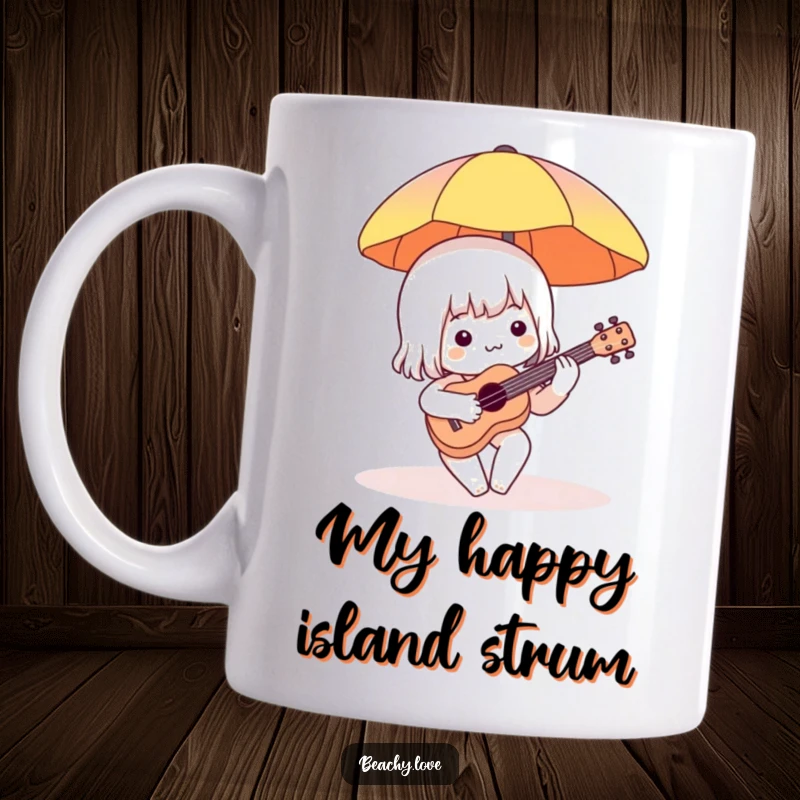 Funny mug with a charming character playing a tiny ukulele under a beach umbrella, exuding relaxed musical joy and vacation vibes.