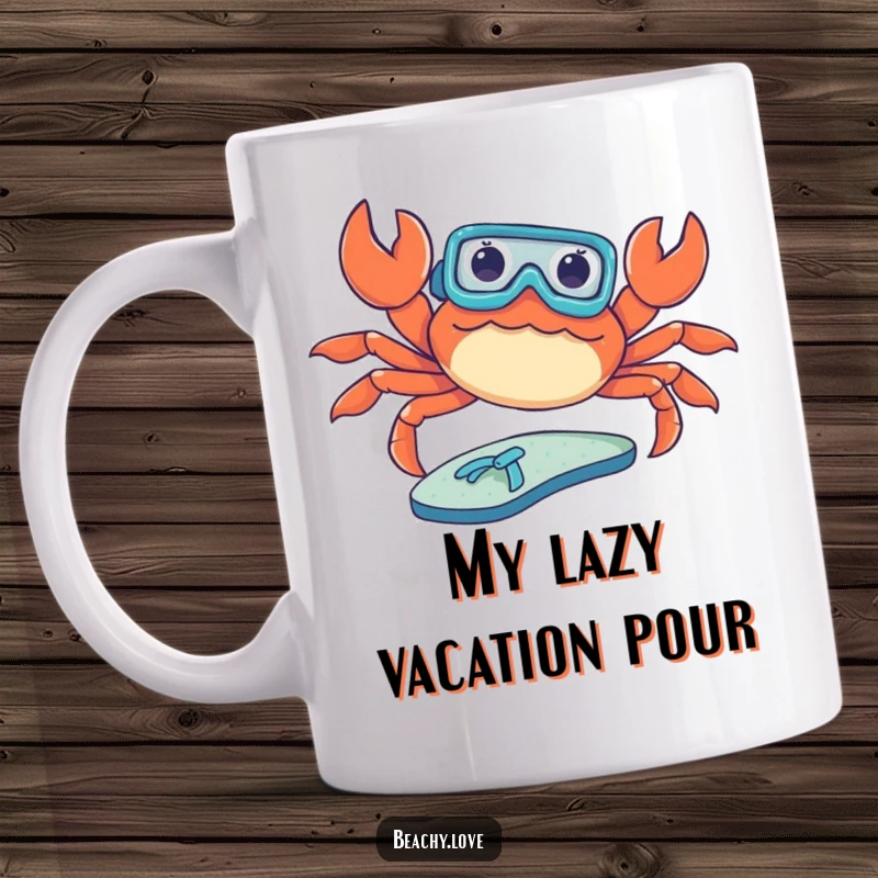 Funny crab mug showing a crab in a tiny snorkel sunbathing on a flip-flop. Humorous beach scene for ocean lovers. Great gift idea.