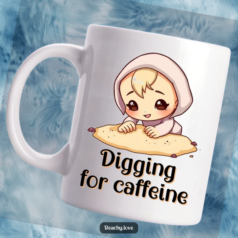 Funny mug with a curious character digging in the sand with a determined grin, showing a playful and adventurous spirit.