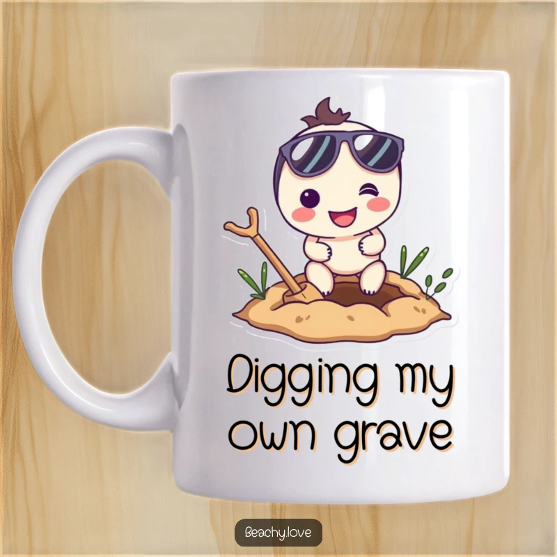 Funny mug showing a smiling character wearing sunglasses enthusiastically digging a large hole in the ground with great determination.