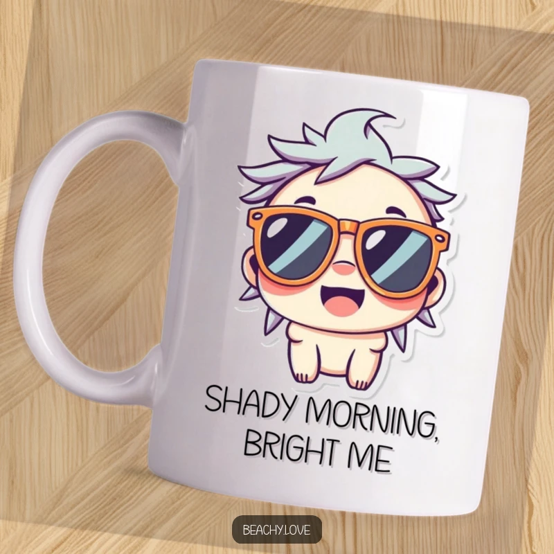 Funny mug featuring a cute kawaii character wearing oversized sunglasses and a wide, happy smile, looking very cool.